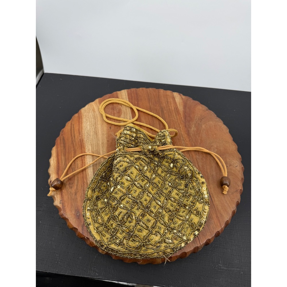 Unbranded Beaded Drawstring Pouch Bag Women Small Gold Sequin Evening Purse